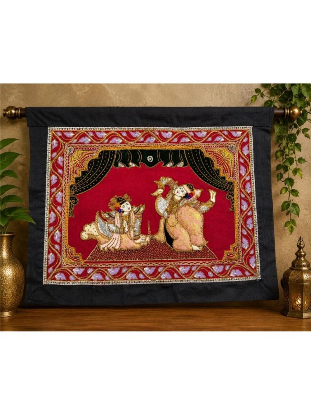 Vintage Burmese Kalaga Wall Hanging Krishna Radha Embroidered Textile 22x27 inch